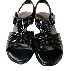 SAS Sunburst Black Patent Leather Sandals Sz 7 Comfort Tripad Heel Strap Floral